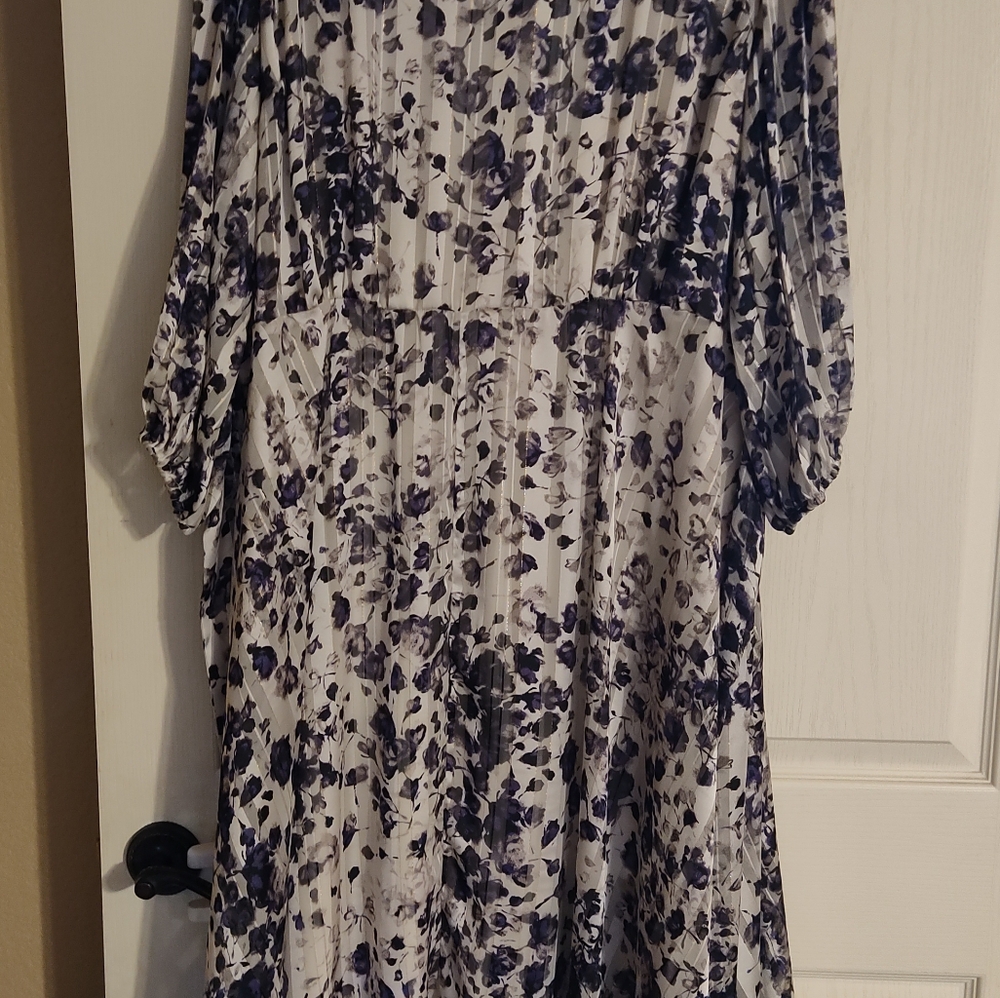 Purple floral dress.